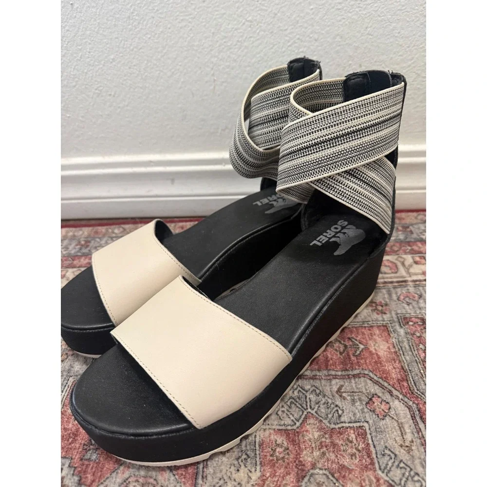 Sorel Cameron Flatform Sandals Black Sea Salt Leather NL3994-010 Womens 9.5